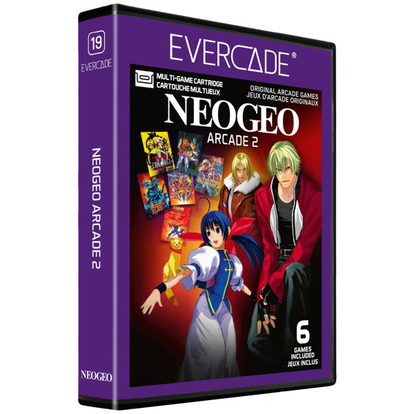 NEOGEO Arcade 2 cartridge packaging with characters and purple border