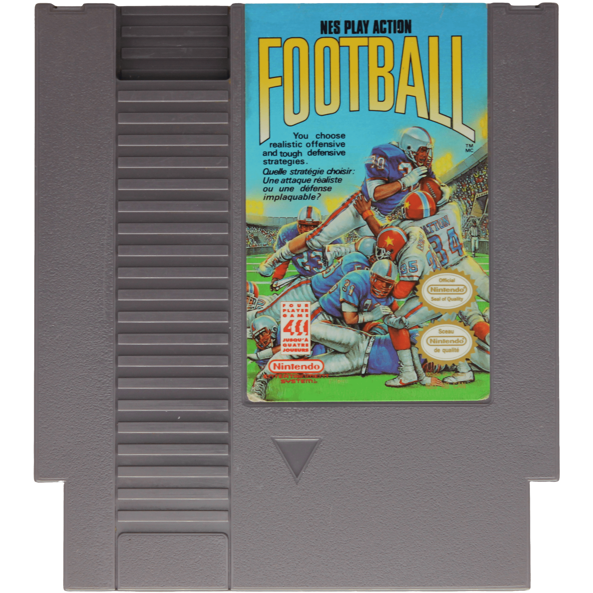 NES Play Action Football game cartridge with colorful cover featuring football players.