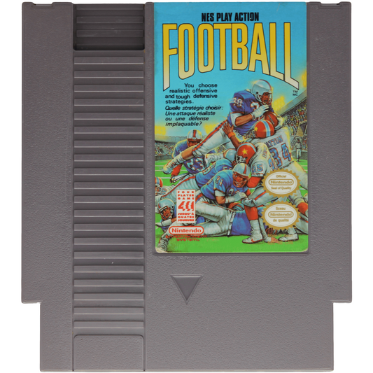 NES Play Action Football game cartridge with colorful cover featuring football players.