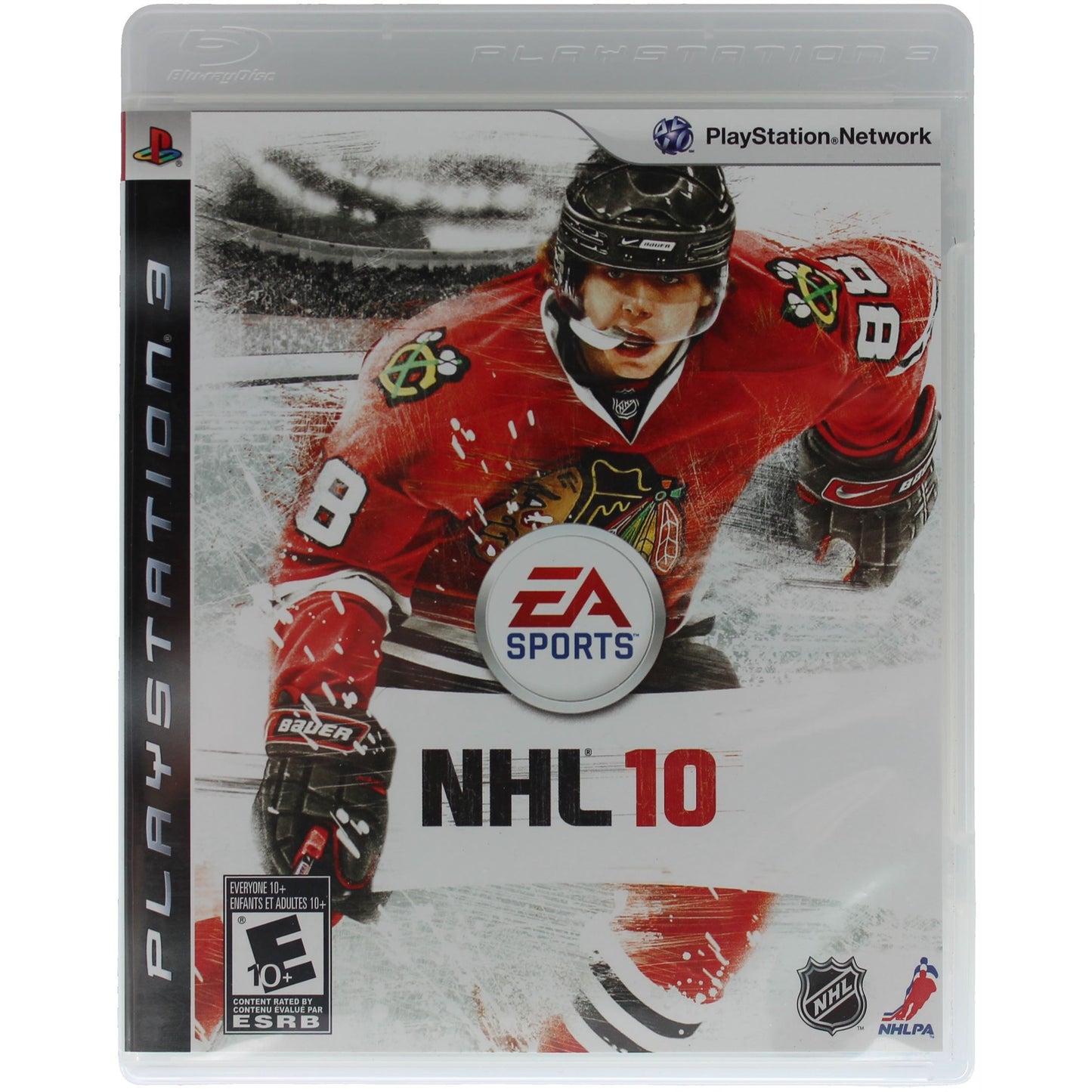 PlayStation 3 game case for NHL 10 featuring a hockey player in a red uniform.