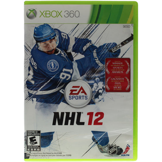 Xbox 360 game console with NHL 12 cover featuring a hockey player.
