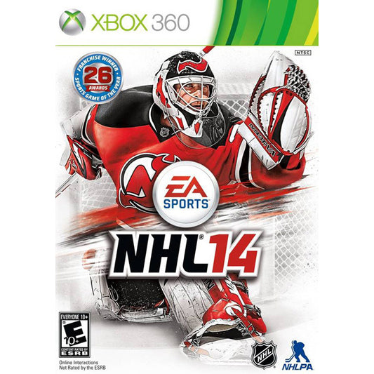Xbox 360 NHL 14 video game cover with a hockey player and EA Sports logo.