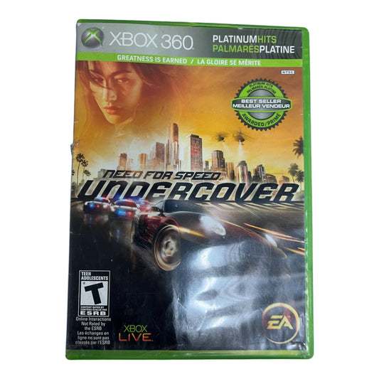 Xbox 360 game case for 'Need for Speed Undercover' with a cityscape and car on the cover.