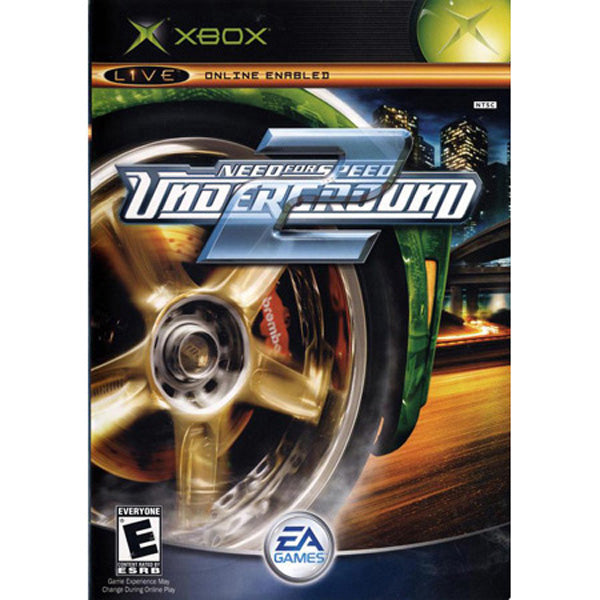 Xbox game cover for 'Need for Speed: Underground 2' with a gold wheel and cityscape background.