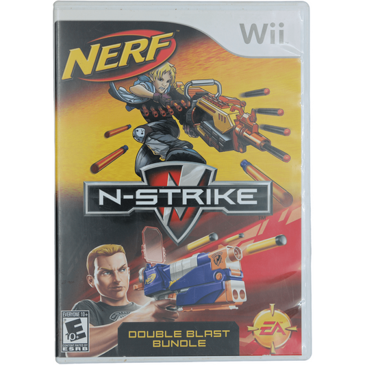 Wii game cover for 'NERF N-Strike Double Blast Bundle' with character and gun illustration.