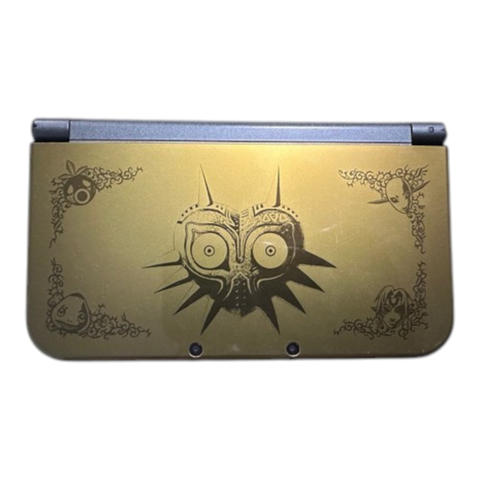 Gold gaming console with engraved design on a white background