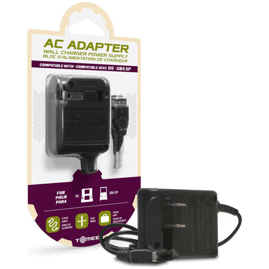 AC adapter with packaging on a white background