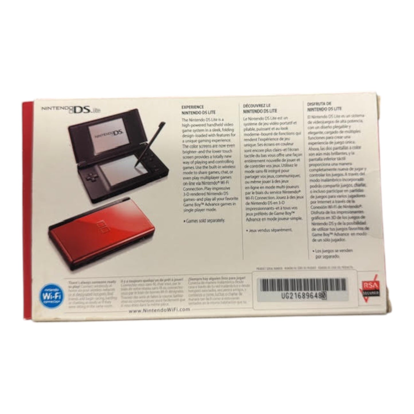 Back view of a Nintendo DS Lite packaging with text and Wi-Fi logo.