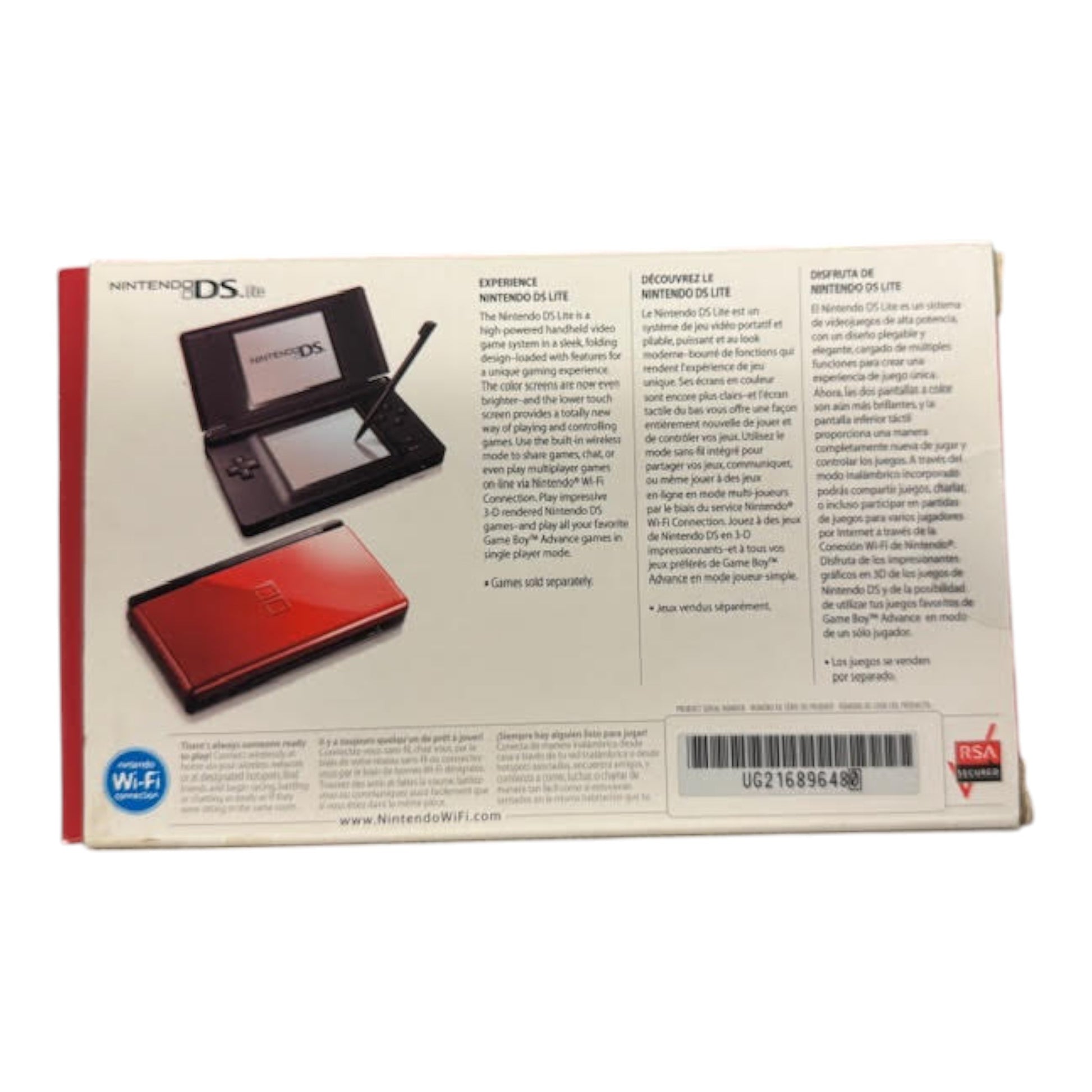 Back view of a Nintendo DS Lite packaging with text and Wi-Fi logo.