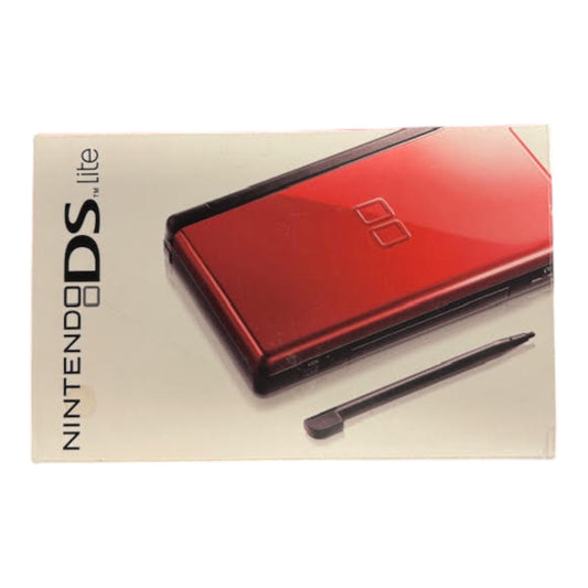 Red Nintendo DS Lite gaming console with stylus on beige background