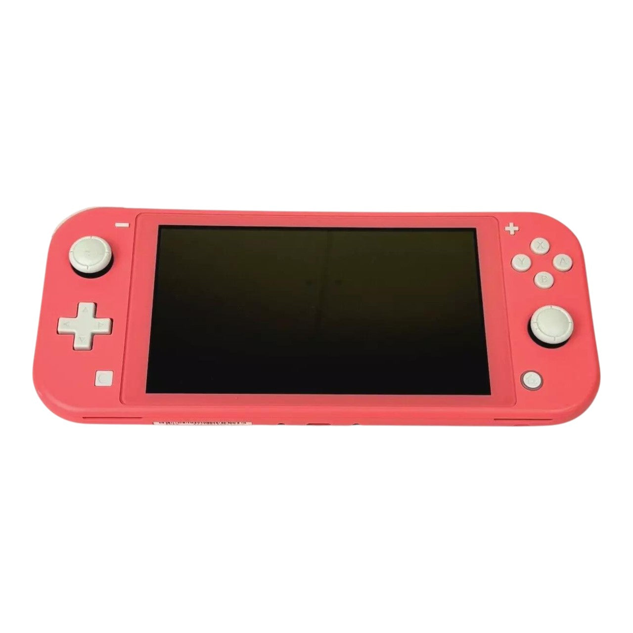 Pink handheld gaming console with a black screen on a white background