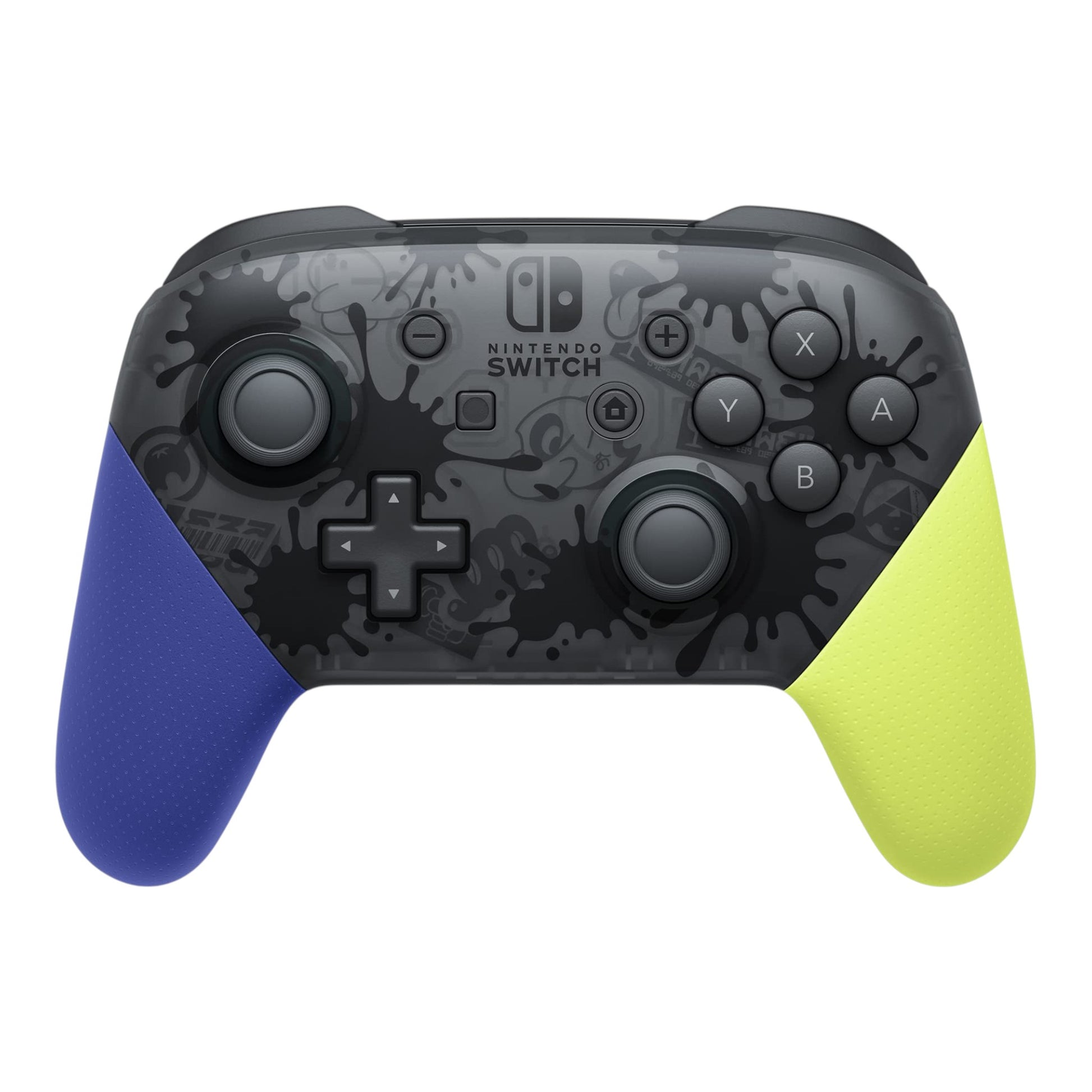Nintendo Switch controller with blue and yellow grips on a white background