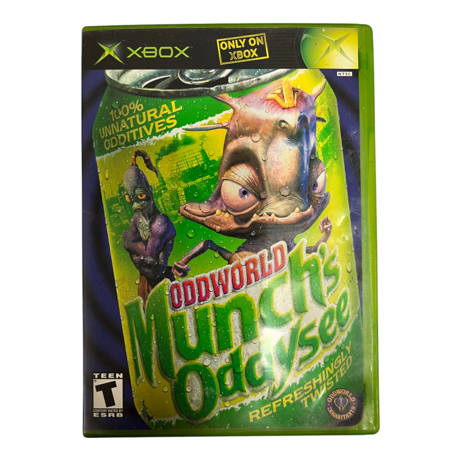 Xbox game case for 'Oddworld: Munch's Oddysee' with colorful graphics and text.