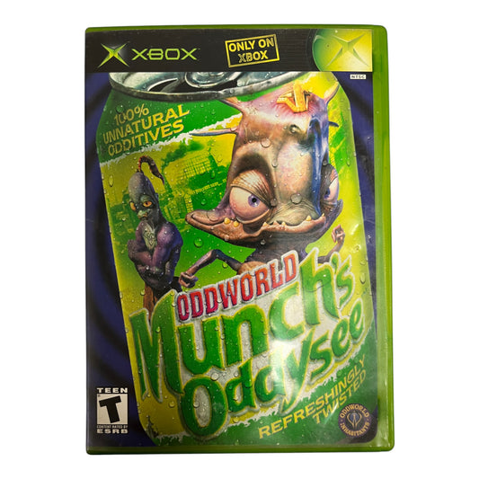 Xbox game case for 'Oddworld: Munch's Oddysee' with colorful graphics and text.