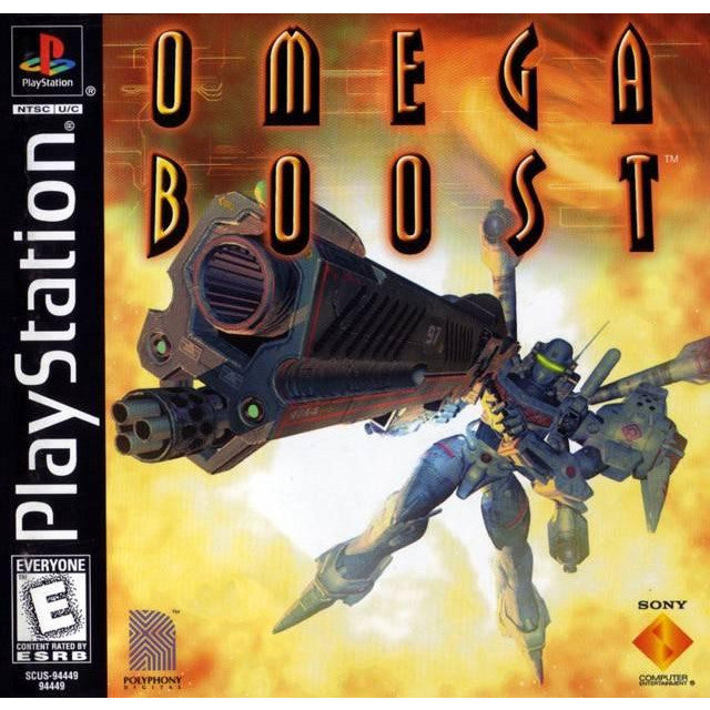 Game cover of 'Omega Boost' for PlayStation with robot and weapon illustration.