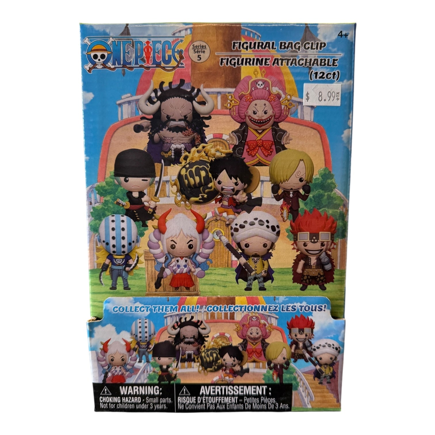 Packaging of figurine collectibles with character illustrations on a blue background