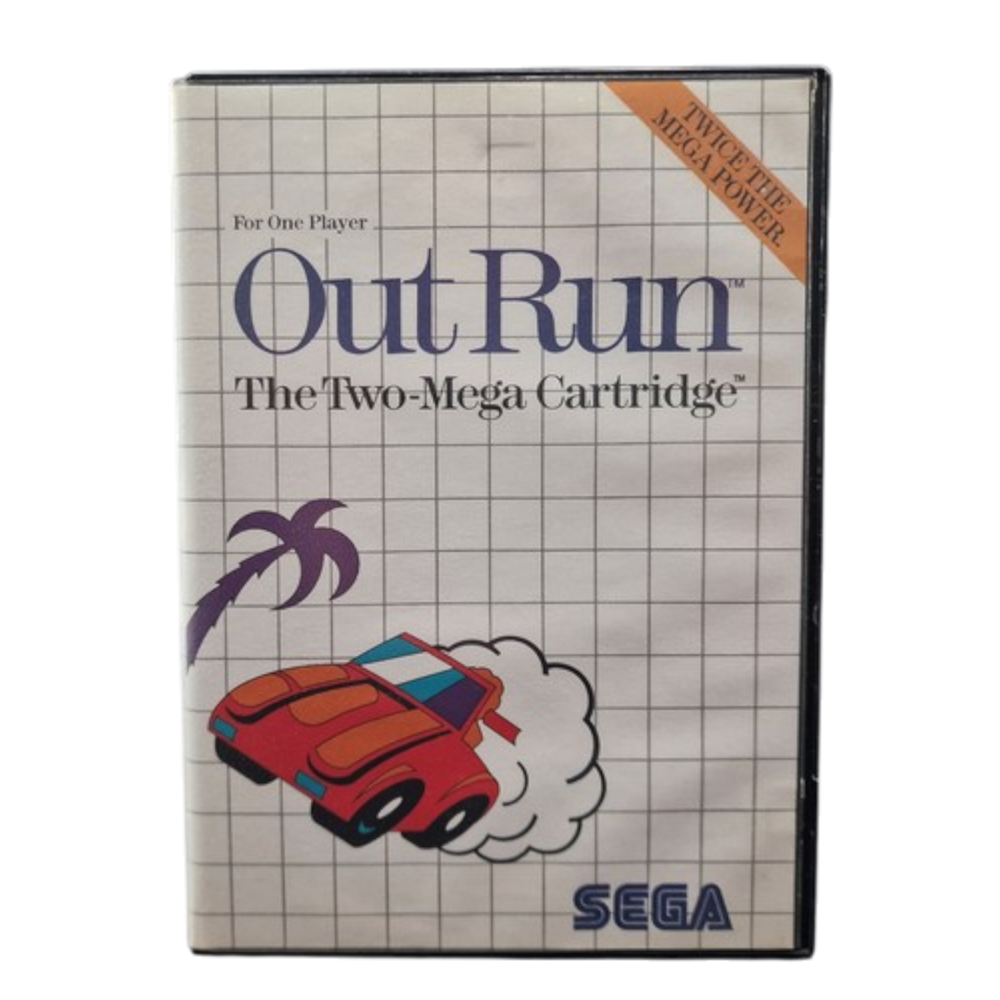 Out Run game cartridge for Sega Mega Drive with red car illustration and palm tree.