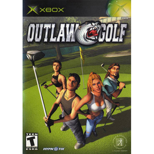 Cover of 'Outlaw Golf' video game for Xbox with characters holding golf clubs on a green field.