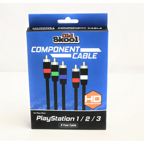 Packaging of Old Skool component cable for PlayStation 1, 2, 3 on a white background