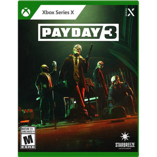 Game box for 'Payday 3' on Xbox Series X with characters in masks and suits.