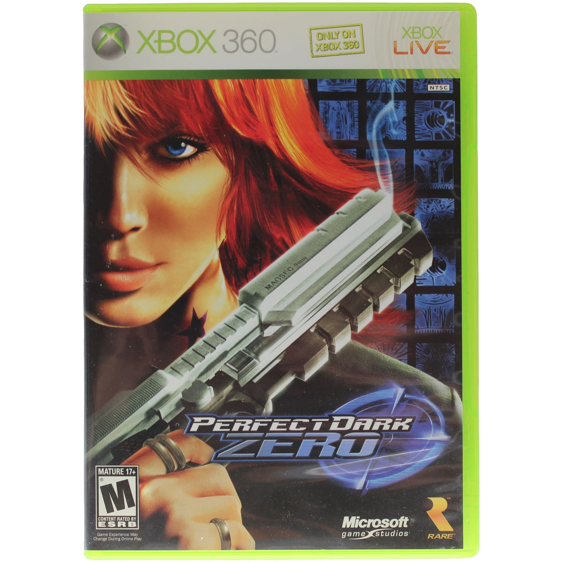 Game case for 'Perfect Dark Zero' on Xbox 360 with a character holding a gun.