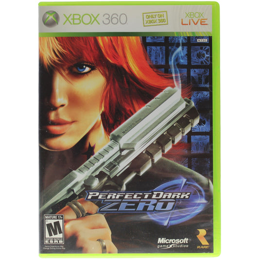 Game case for 'Perfect Dark Zero' on Xbox 360 with a character holding a gun.
