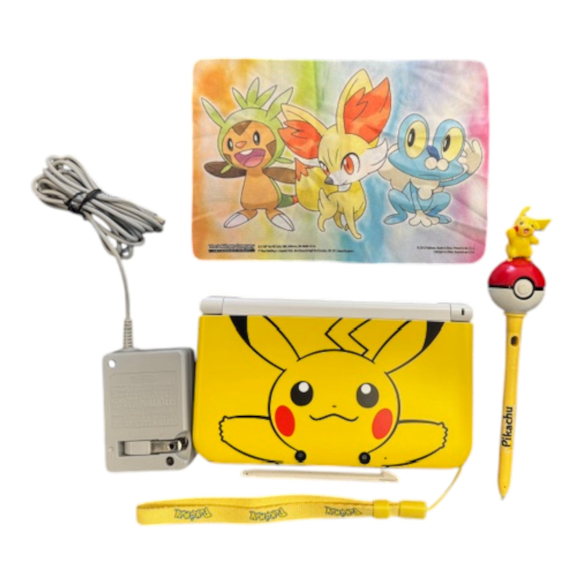 Pokémon-themed gaming console with accessories on a white background