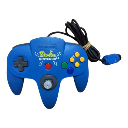 Blue Nintendo 64 controller with Pikachu design on a white background