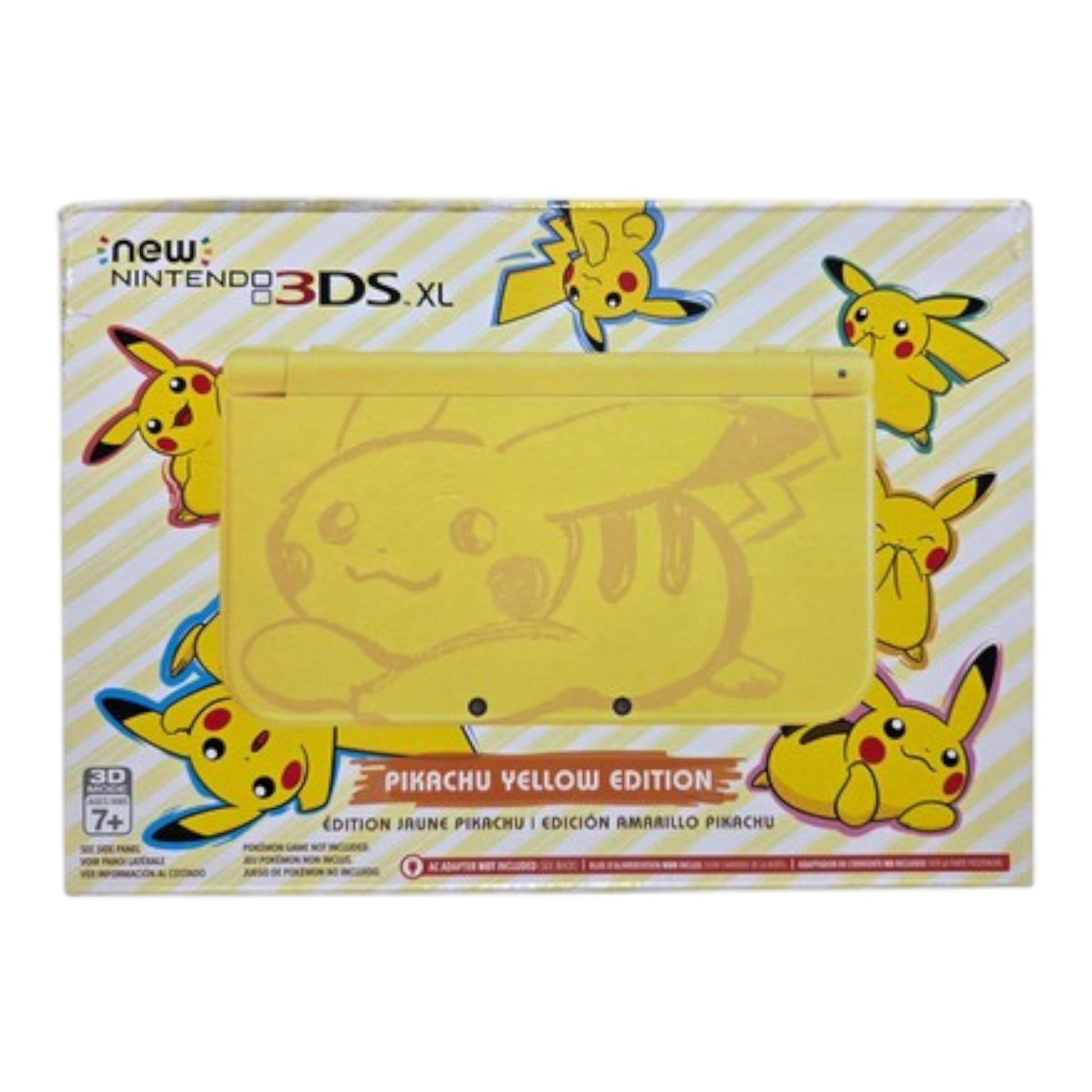 Nintendo 3DS XL Pikachu Yellow Edition packaging with multiple Pikachu illustrations on a white background.