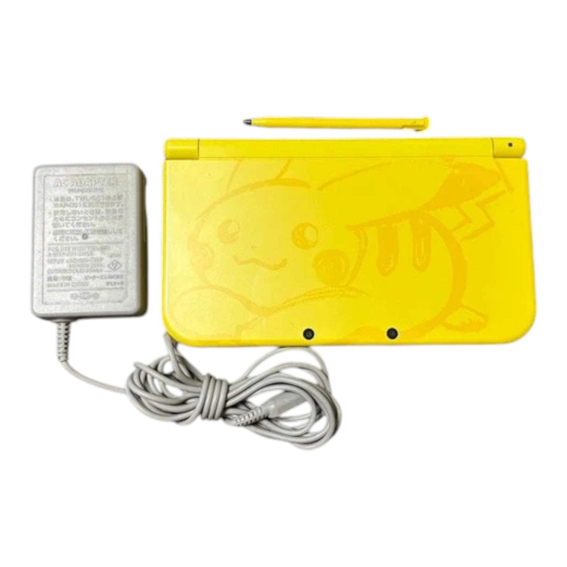 Yellow gaming console with charger on a white background