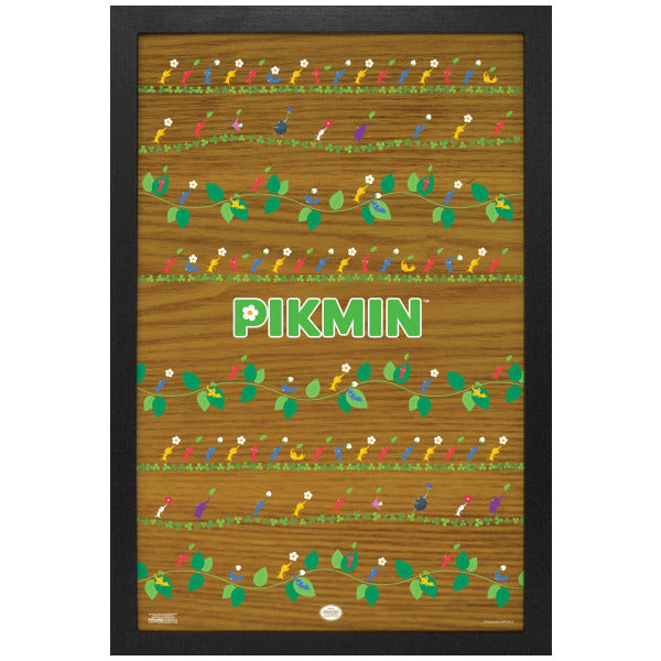 Poster with ' Pikmin' design on a wooden texture background