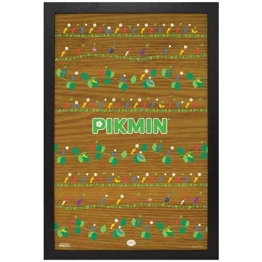 Poster with ' Pikmin' design on a wooden texture background