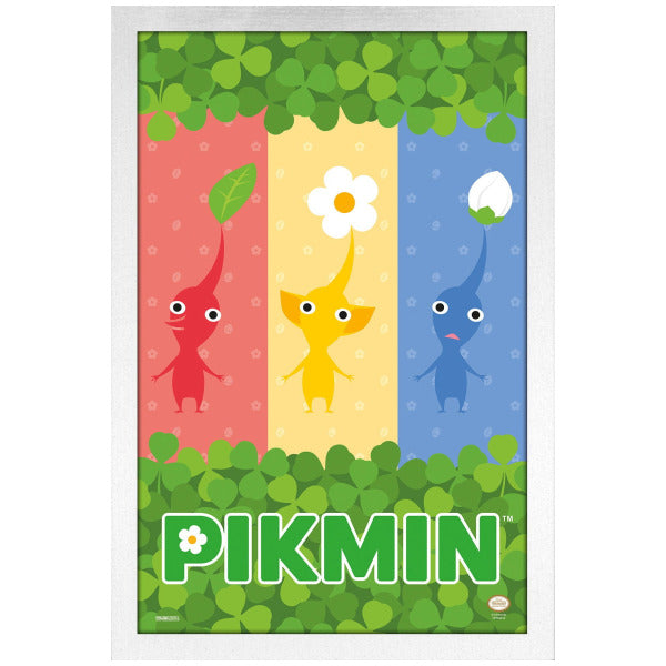Poster of Pikmin characters in red, yellow, and blue with 'Pikmin' branding.