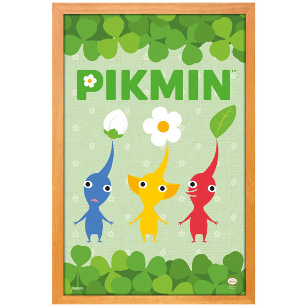 Poster of Pikmin characters with a green background and wooden frame