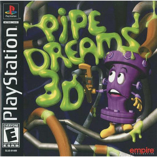 PlayStation game cover for 'Pipe Dreams 3D' featuring a cartoon character and text.