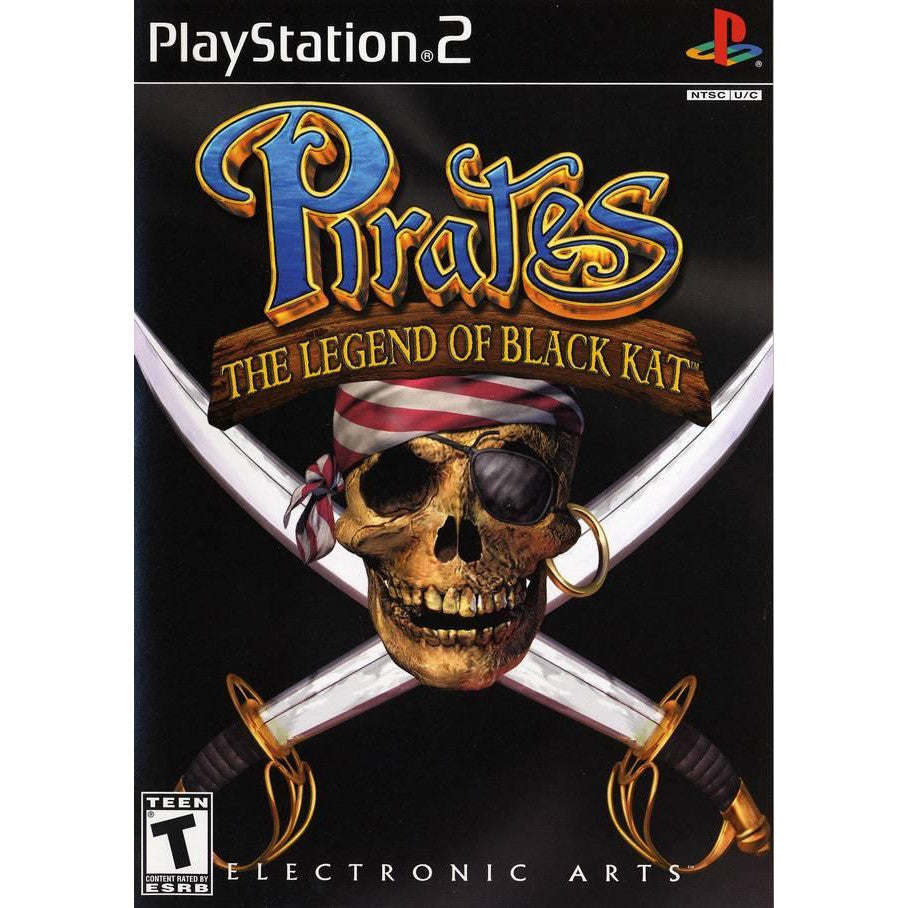 PlayStation 2 game cover for 'Pirates: The Legend of Black Kat' with skull and crossed swords design.