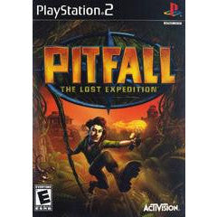Game cover of 'Pitfall: The Lost Expedition' for PlayStation 2 with a character holding a flag.
