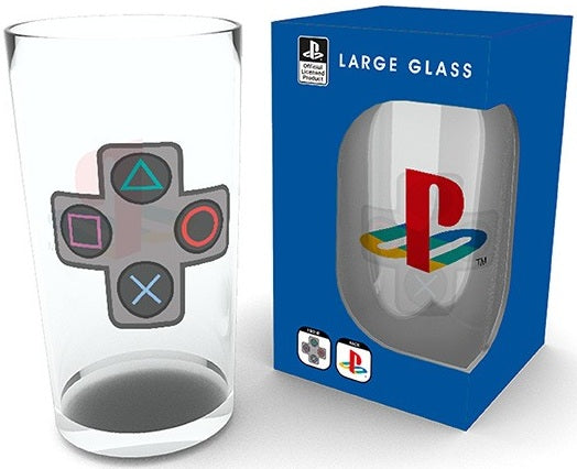 Clear glass with gaming controller design next to its packaging
