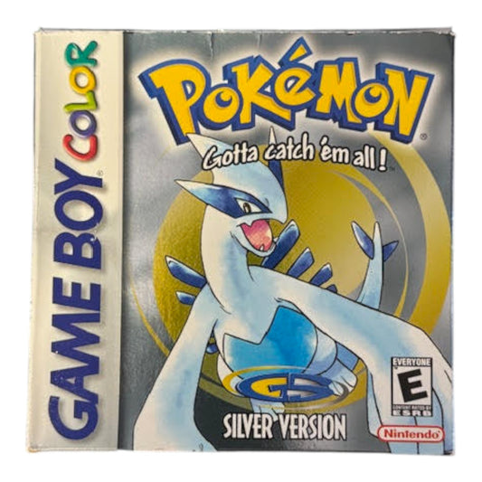 Pokémon Game Boy Color Silver Version packaging with Pokémon logo and character.