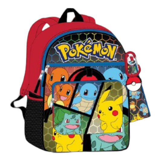 Pokemon 5 Piece Set: Backpack (Red & Black), Padded Lunch Bag, Supply Case, Carabiner Clip, Key Chain Puller