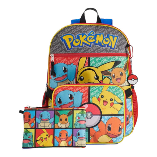 Pokemon 5 Piece Set: Backpack (Red & Blue), Insulated Lunch Bag, Supply Case, Carabiner Clip, Key Chain Puller