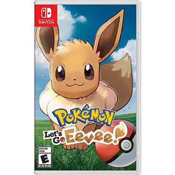Pokémon Let's Go, Eevee! game case for Nintendo Switch with Eevee illustration on a blue sky background.