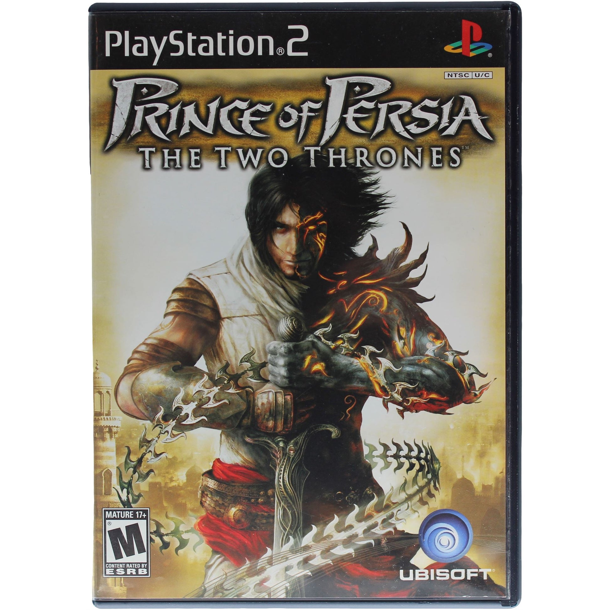 PlayStation 2 game case for 'Prince of Persia: The Two Thrones' with a warrior holding a flaming sword.