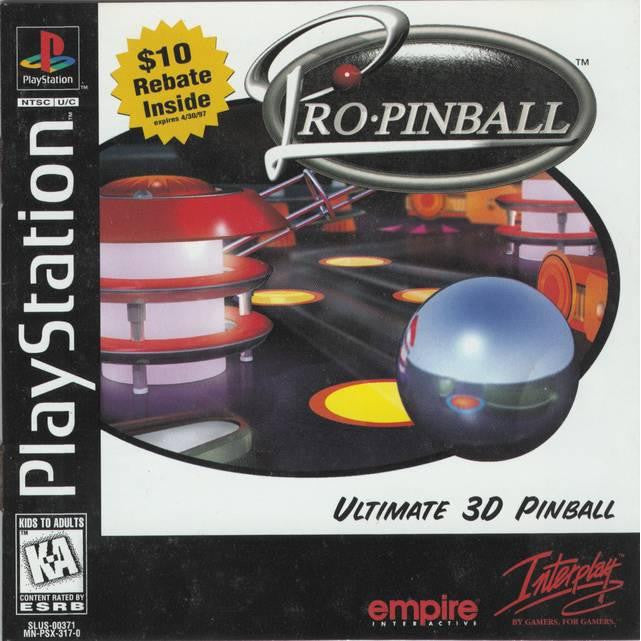 PlayStation game cover for 'Ro-Pinball' with pinball machine illustration and rebate offer.