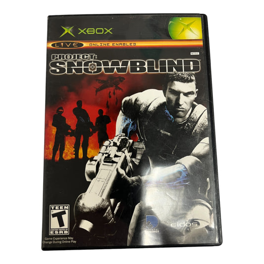 Xbox game case for 'Project Snowblind' with a character holding a gun on a black background.