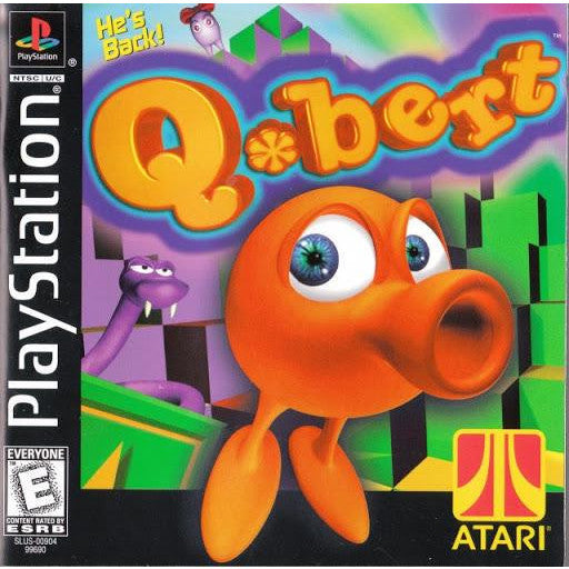 PlayStation game cover for Q*bert featuring an orange character and purple creature.