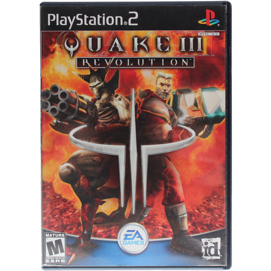 PlayStation 2 game case for 'Quake III Revolution' with a character holding a gun on a fiery background.