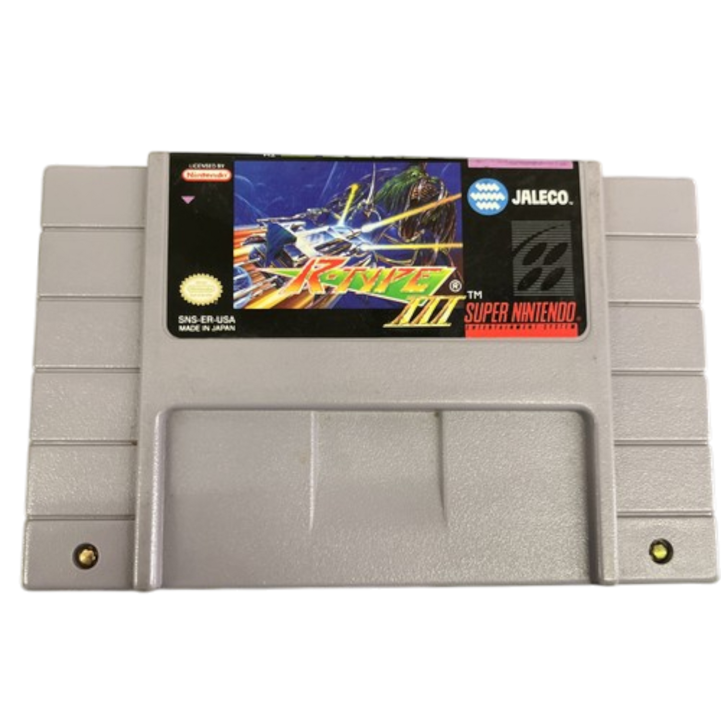 Super Nintendo Entertainment System game cartridge with a colorful label on a white background