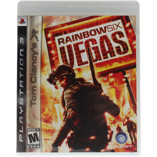 PlayStation 3 game case for 'Rainbow Six Vegas' with a soldier and neon sign design.