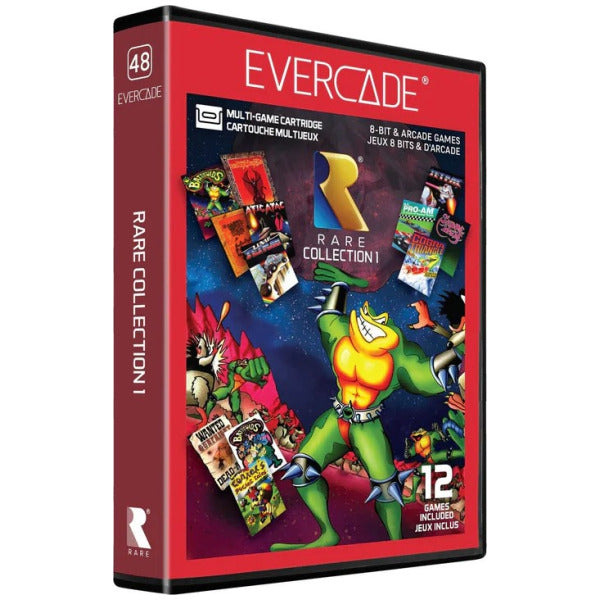 Evercade cartridge packaging with colorful graphics and character illustration on a red background